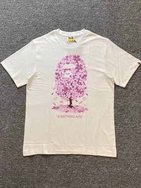 Bape White Tee with Pink Sakura Ape Graphic